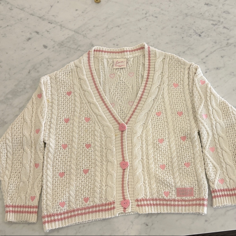 Taylor Swift Cream and Pink Heart Cardigan